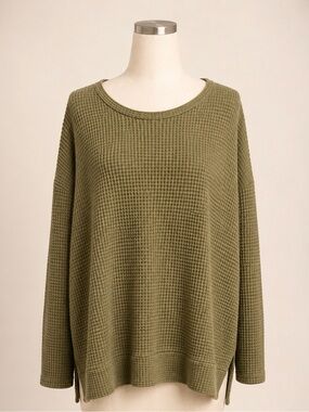 Olive Green Waffle Knit Oversized Long Sleeve Tunic Top Plus Size